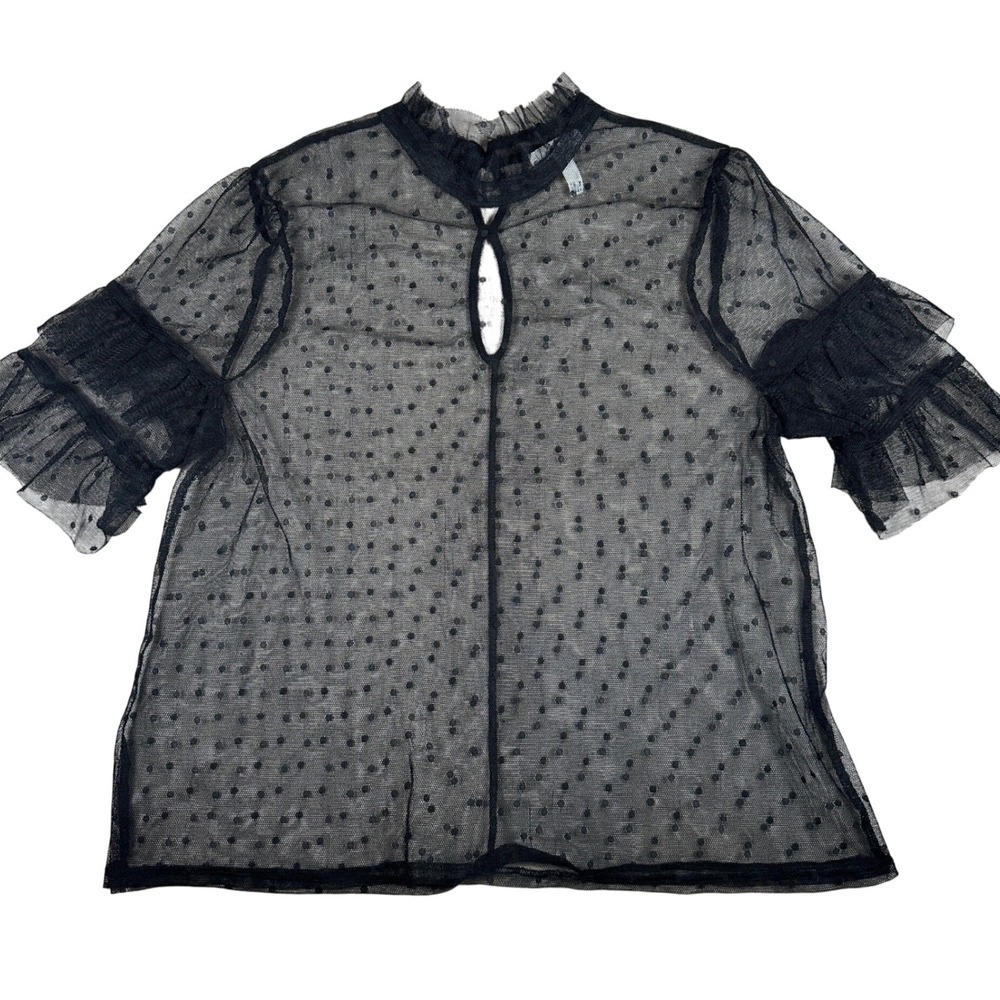 Leith Black Whimsigoth Layering Mesh Swiss Dot Ruffle Sleeve Mock Neck Sheer Top